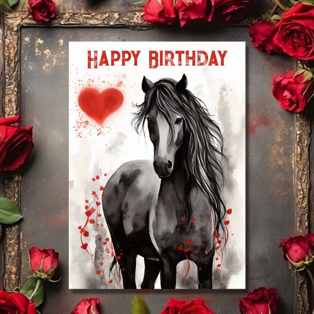 Cartão Feliz aniversário do bonito Cavalo Negro e Coraçõe (Front - Pretty Black Horse and Hearts Happy Birthday Card
)