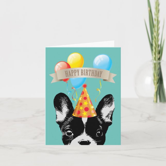 Cartão Feliz Aniversário do Buldogue e Balões Franceses (Frente)