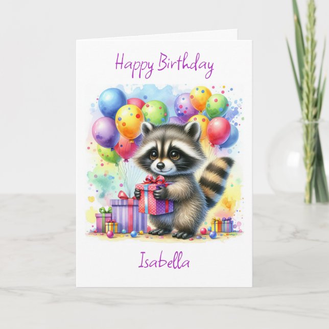 Cartão Feliz Aniversário do Cartoon Raccoon da Cáudia (Frente)