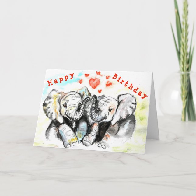 Cartão Feliz Aniversário do Casal Elefante - Amor (Frente)