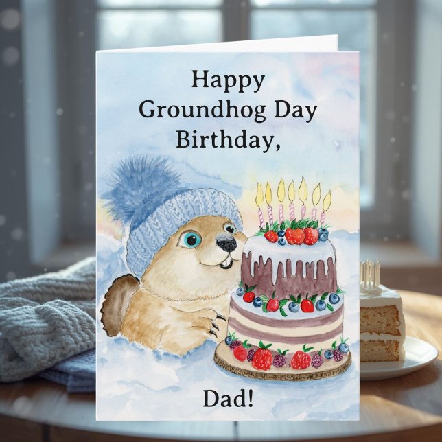 Cartão Feliz aniversário do Dia da Marmota com Bolo (Criador carregado)