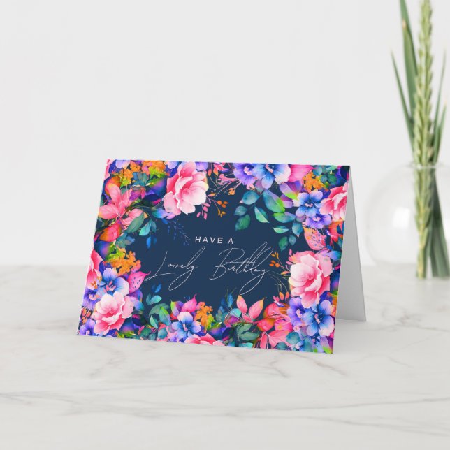 Cartão Feliz aniversário do Marinho Floral do Rainbow Gar (Frente)