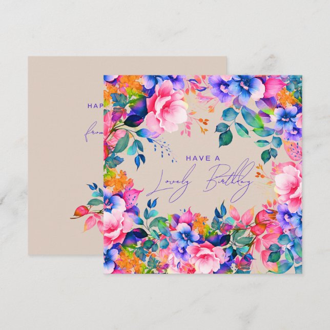 Cartão Feliz aniversário do Rainbow Garden Floral Champag (Frente/Verso)