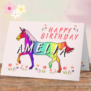 Cartão Feliz Aniversário do Rainbow Unicorn Flor Girl