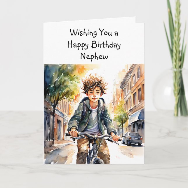 Cartão Feliz Aniversário do Sobrinho | Menino em biciclet (Frente)