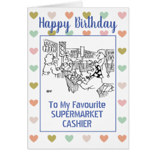 Cartão Feliz aniversário do supermercado Cashier
