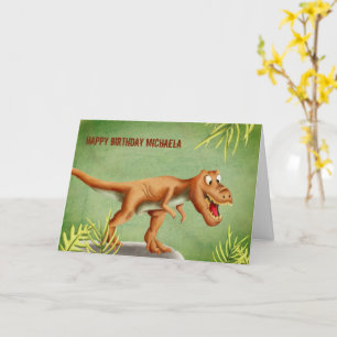 Cartão Feliz aniversário do T-Rex Verde e Castanho