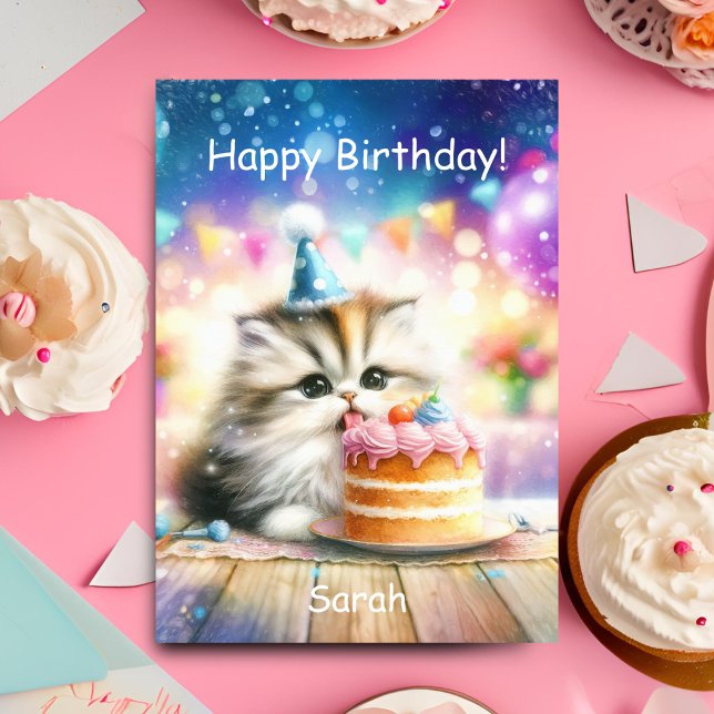 Cartão Feliz Aniversário Doce Gatinho Com Personalização  (Purrfect celebration: Sweet kitty, cake, joy. Personalize for unforgettable birthday wishes!)
