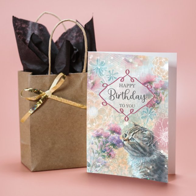 Cartão Feliz Aniversário Doce Gatinho e Flores Colagem (Criador carregado)