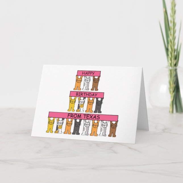 Cartão Feliz aniversário dos gatos de cartoon do Texas (Frente)