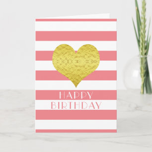 Cartão Feliz Aniversário Dourado Coração Cor-de-Rosa B