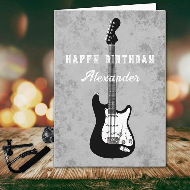 Cartão Feliz Aniversário Elétrico Violão Preto e Branco (Cool black and white electric guitar happy birthday personalized greetings card)