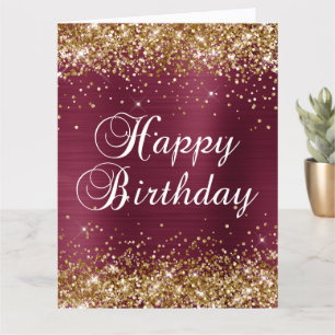 Cartão Feliz Aniversário em Glitter Dourado e Folha de Bo