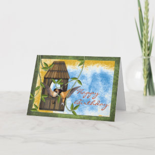 Cartão Feliz aniversário engole a casa de pássaros com ci