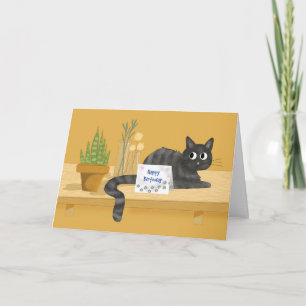 Cartão Feliz Aniversário Engraçado Gato na Mesa com Plant