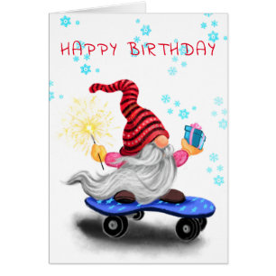Cartão Feliz Aniversário - Feliz Gnomo Skater com presen