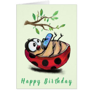 Cartão Feliz Aniversário - Feliz Pequeno Ladybug com Tel