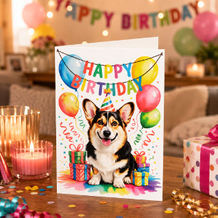 Cartão Feliz Aniversário Festa do Cão Corgi