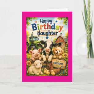 Cartão Feliz Aniversário Filha Animais da Fazenda (Rosa)