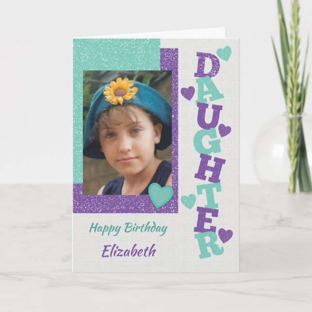 Cartão Feliz aniversário Filha roxa e foto verde (Frente)