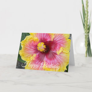 Cartão Feliz Aniversário Flor de Hibisco Rosa Amarelo