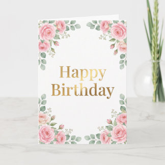 Cartão Feliz Aniversário Floral Rosa Aquarela Elegante Do