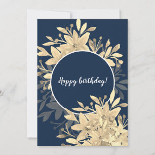 Cartão Feliz Aniversário Floral Rústico Sépia Azul Marinh