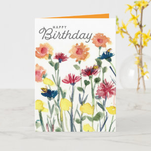 Cartão Feliz Aniversário Flores Aquarela Abelhas