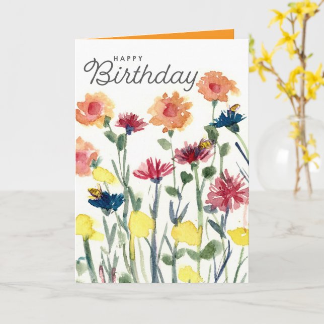 Cartão Feliz Aniversário Flores Aquarela Abelhas (Flor Amarela)