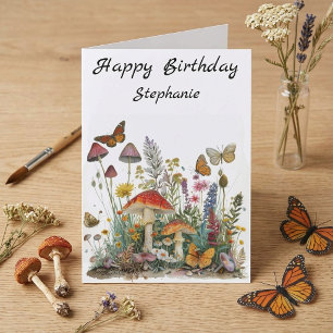 Cartão Feliz Aniversário Flores de Cogumelo Conto de Fada