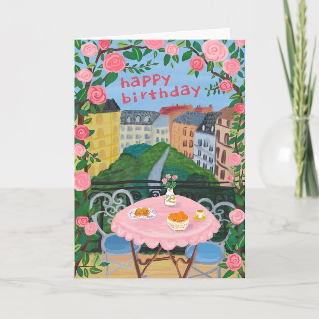 Cartão FELIZ ANIVERSÁRIO Flores Terrace Tea Time Paris (Frente)