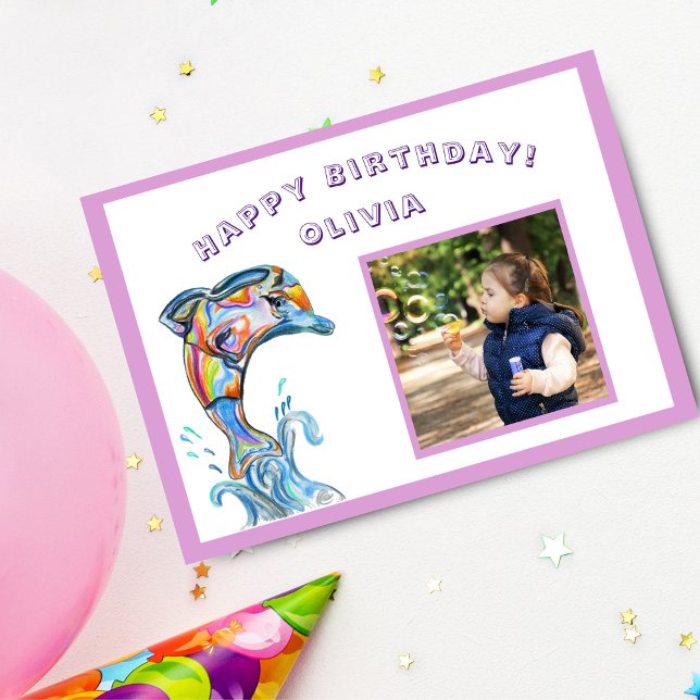 Cartão Feliz Aniversário - Foto Personalizada Colorida De (Dive into a birthday splash with a personalized dolphin celebration card!)