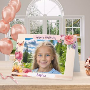 Cartão Feliz Aniversário Foto Personalizada Floral Elegan