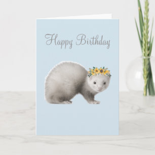 Cartão Feliz Aniversário Furão Bonito Coroa de Girassol