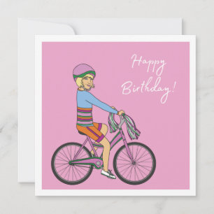 Cartão Feliz aniversário - Garota em uma bicicleta rosa