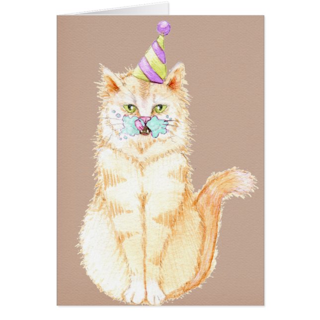 Cartão Feliz aniversário | Gatinho com rosto de bolo (Frente)