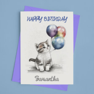 Cartão Feliz Aniversário Gatinho Fofo com Balões 