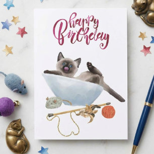 Cartão Feliz Aniversário Gatinho Siamês Aquarela Fofinho 