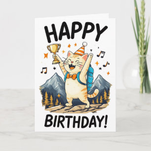 Cartão Feliz Aniversário Gato Andarilho com Troféu & Pico