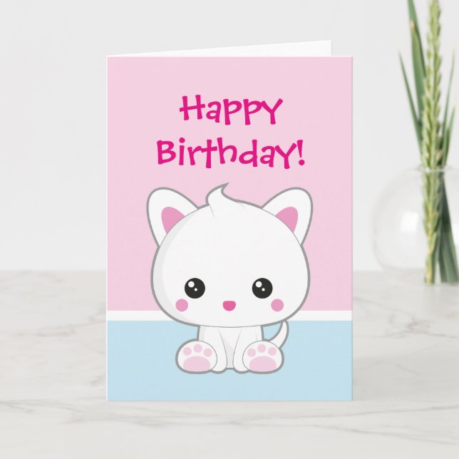 Cartão Feliz Aniversário Gato Branco Kawaii (Frente)