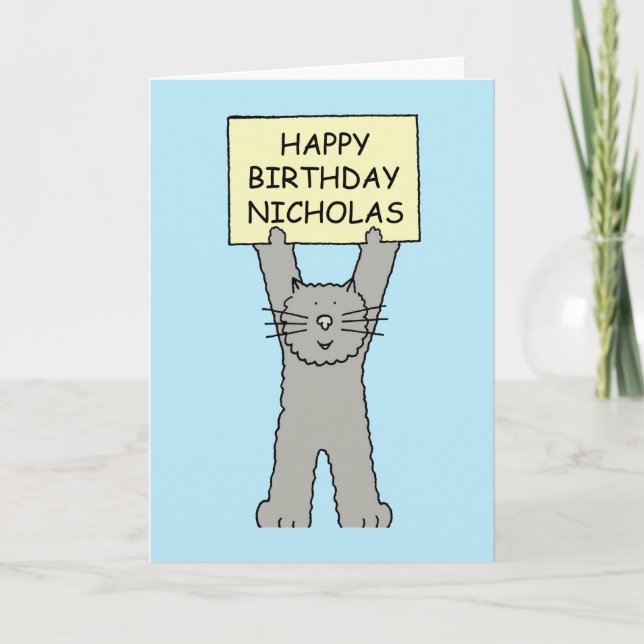 Cartão Feliz Aniversário, Gato de Cartoon Nicholas (Frente)