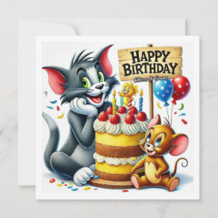 Cartão Feliz aniversário gato e rato