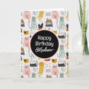 Cartão Feliz Aniversário Gato Fofo Desenhado à Mão