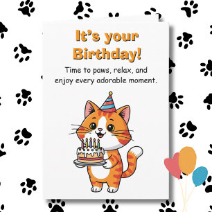 Cartão Feliz Aniversário Gato Fofo e Divertido e Colori