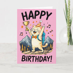 Cartão Feliz Aniversário Gato Montanhista com Troféu & Pi