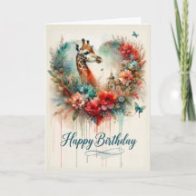 Feliz Aniversário Girafa Aquarela Floral