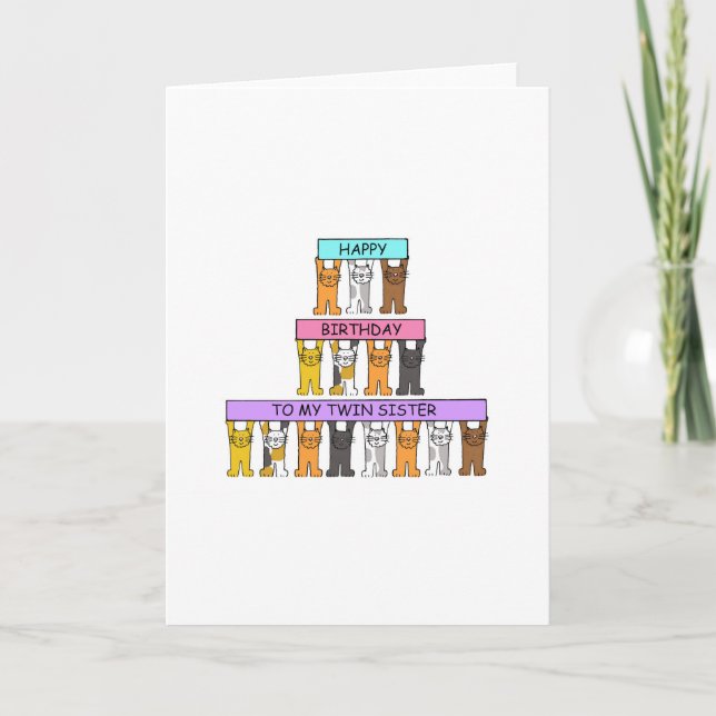 Cartão Feliz Aniversário Giro Irmã Gêmea Gata de Cartoon (Frente)