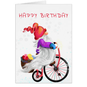 Cartão Feliz aniversário - Gnomo engraçado com biciclet