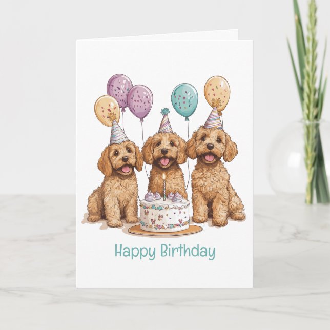 Cartão Feliz aniversário Goldendoodle Cães Bolo de Aniver (Frente)