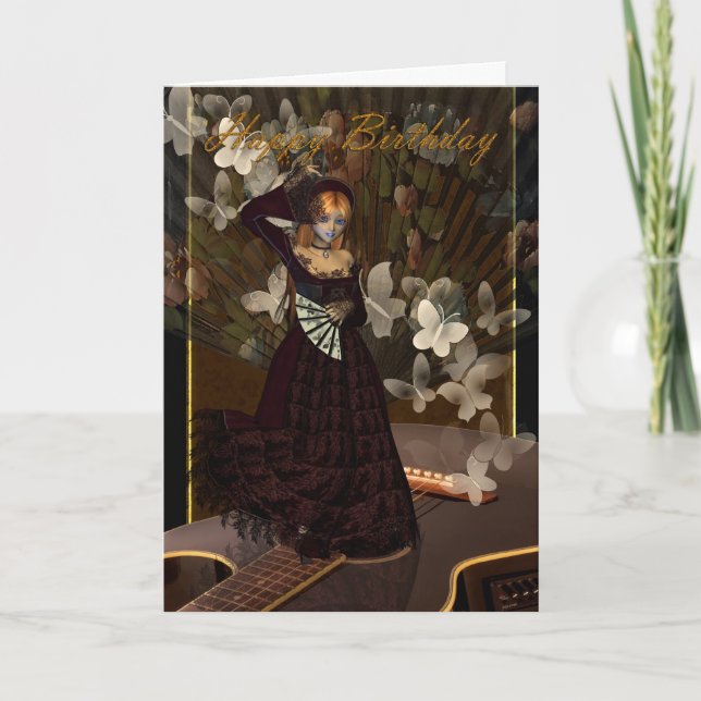 Cartão Feliz Aniversário Gótica Rapariga com guitarra esp (Frente)